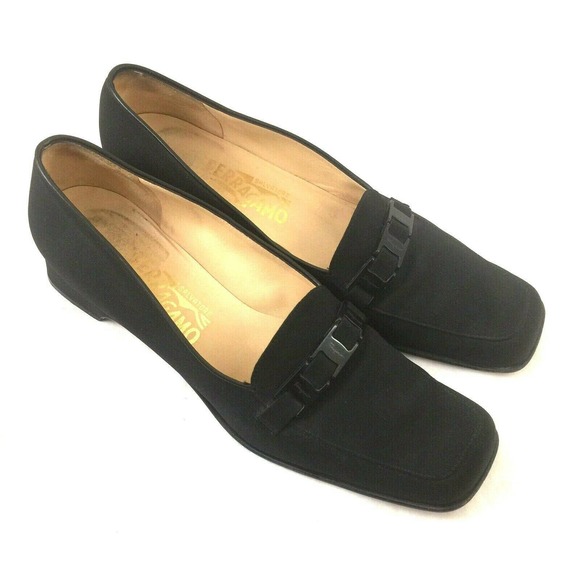 Salvatore Ferragamo Logo Pump Black Canvas Nylon Textile Low Heel 7 2A C… - Picture 2 of 9